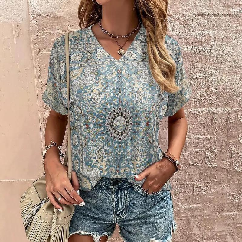 Женская футболка Boho Harajuku с графическим принтом, летние повседневные топы с коротким рукавом, уличная мода, футболка с V-образным вырезом, женская одежда, футболки женские