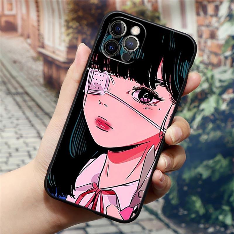 Супер милый чехол для телефона с аниме девушкой для iPhone14 13 12 11 PM Pro Max 8 7 SE XR XS Plus, черный мягкий силиконовый чехол Fundas Coques Shell