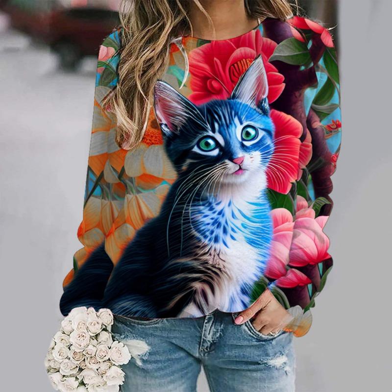 Милые кошачьи цветочные толстовки с 3D-принтом и животными, женские повседневные толстовки с длинным рукавом, уличная одежда Y2k, пуловеры, верхняя женская одежда