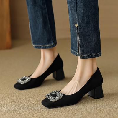 Weiwei girl 9811-2 французские туфли на высоком каблуке женственные со стразами одна педаль черные легкие туфли на толстом каблуке женские