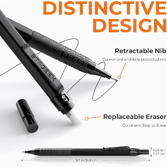 21PCS Metal Mechanical Pencil Set, Art Lead Pencil 0.3, 0.5, 0.7, 0.9, 2mm Holder(HB 2H 2B 4B Color) with 10 Tubes Graphite Lead Refills Eraser with