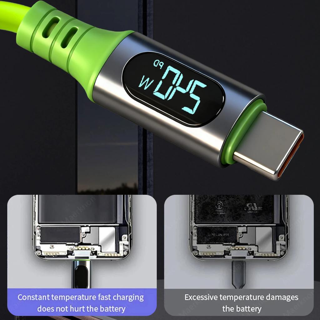 Кабели USB C 6A 240W для быстрой зарядки 480 Мбит/с Высокоскоростная передача данных Шнур для телефона Цифровой дисплей Провод Type C для iPhone Samsung