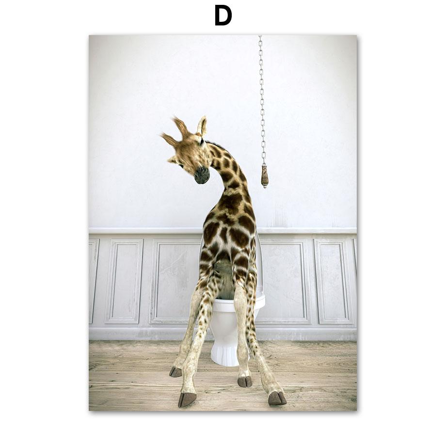 Ванная комната Юмор Дракон Жираф Слон Медведь Корова Енот Настенная живопись Печать на холсте Картина Ванна Плакат на скандинавскую тему Декор для туалетной комнаты