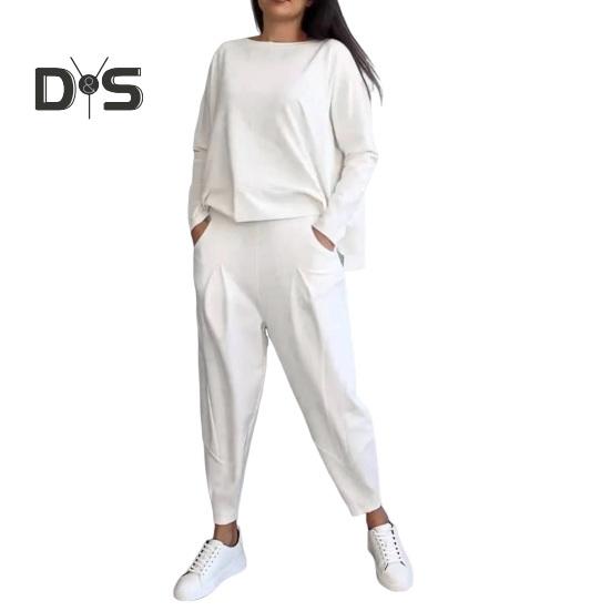 2 Pcs/Set Women Top Pants Suit Round Neck Long Sleeves Solid Color Irregular Sweatshirt Drawstring Elastic Waist Trousers Daily Wear Sport Outfit