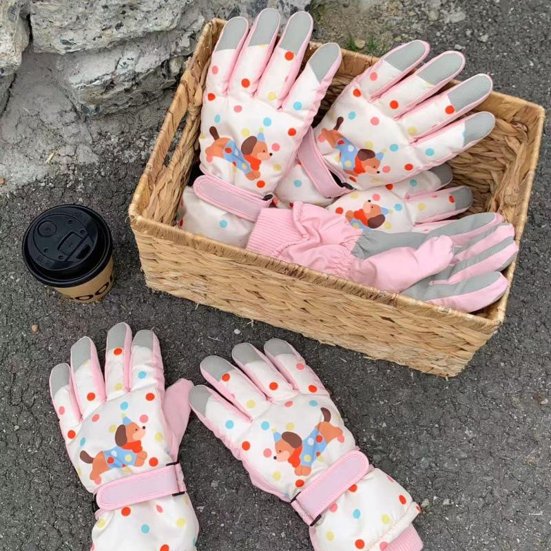 Женские зимние лыжные перчатки с мультяшным рисунком щенка: Сенсорный экран, ветрозащитный, с бархатной подкладкой, раздельными пальцами для езды на открытом воздухе.