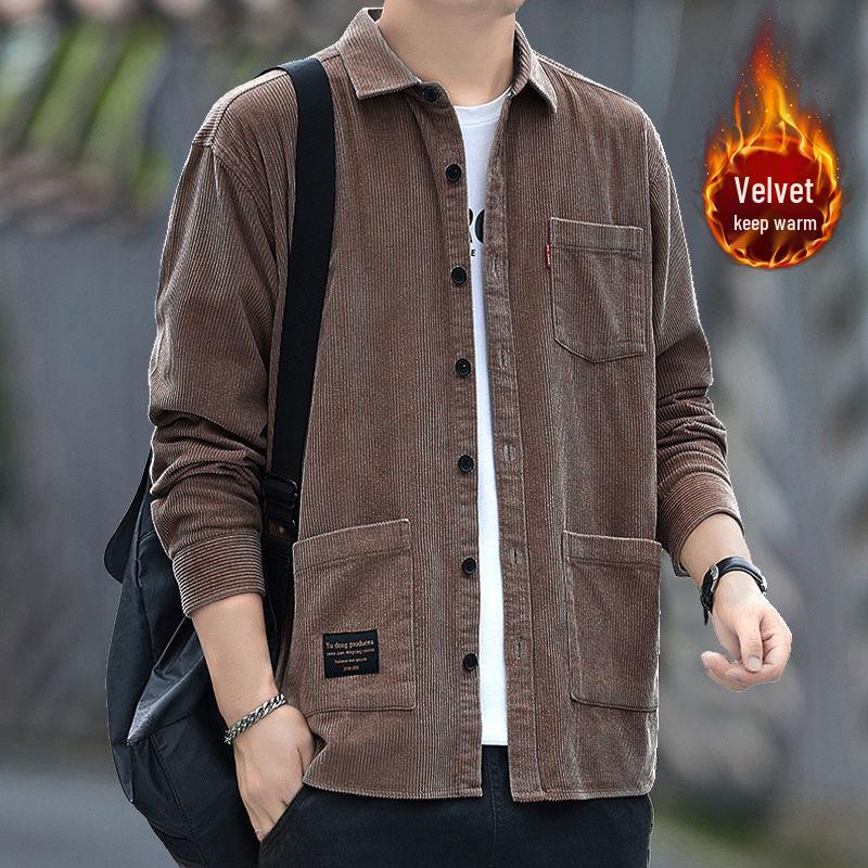Мужская вельветовая рубашка с длинным рукавом - Теплая, плотная, с множеством карманов, повседневная рабочая одежда для осени/зимы