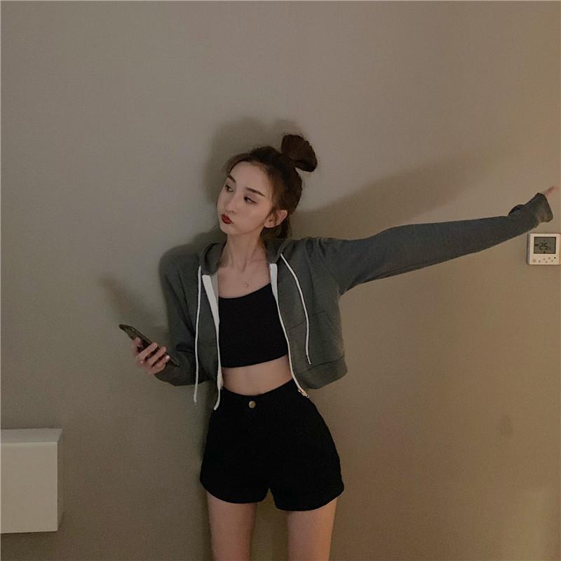 Новая весенне-осенняя корейская версия, короткое пальто с капюшоном на молнии, тонкий однотонный женский свитер