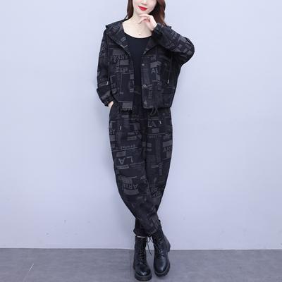 Женский повседневный костюм больших размеров в стиле ретро, ​​свободная куртка с капюшоном, шаровары, комплект из двух предметов