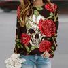 Tops For Women 3D Skull Flower Butterfly Print Round Neck Long Sleeve T-shirt Fall Casual Slim Pullover Women's Long Sleeve Top