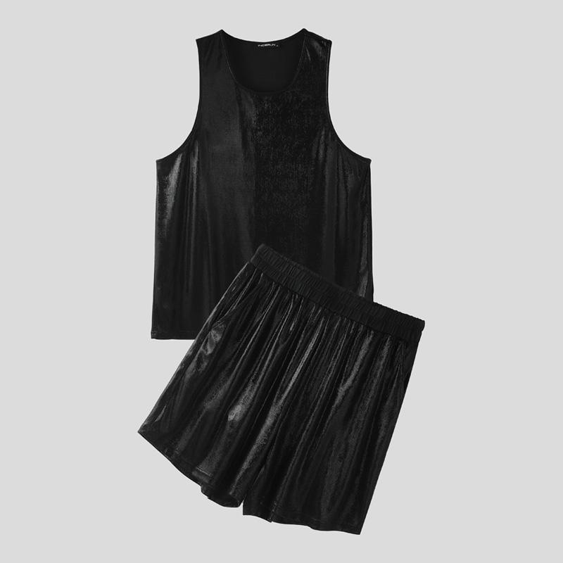 INCERUN Two Pieces Men Glitter Sleeveless Tank Tops and Shorts Casual Sets