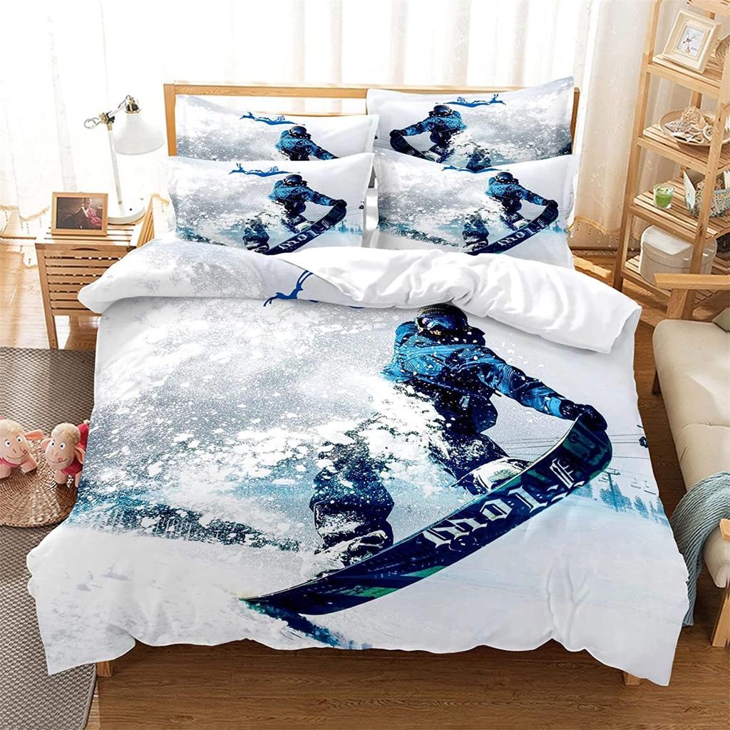 Skiing Sports Duvet Cover Queen Size For Kid Teen Winter Sport Ski Theme Comforter Cover Set Microfiber Snow Mountain Landscape