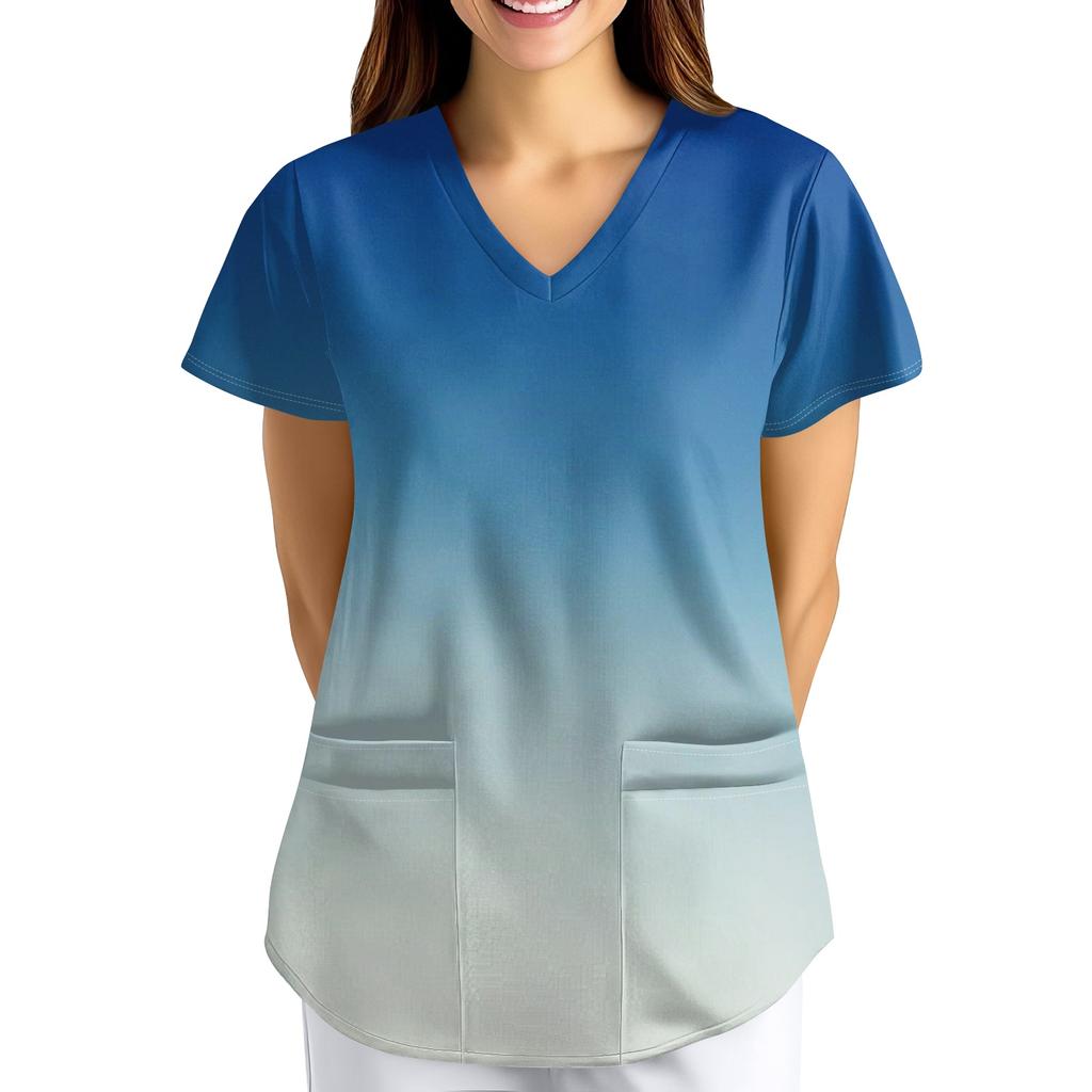 Большой размер Принтованный скраб Рабочая униформа Топы для женских V-образный вырез с запахом Принт Короткий рукав Веселые футболки Рабочая одежда Футболка с карманами