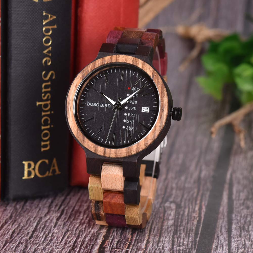 BOBO BIRD Wooden Watch Colorful Wood Watch Day Date Display Multifunctional Handmade Quartz Watch Sports Chronograph Unique Men's Women's (Ladies)