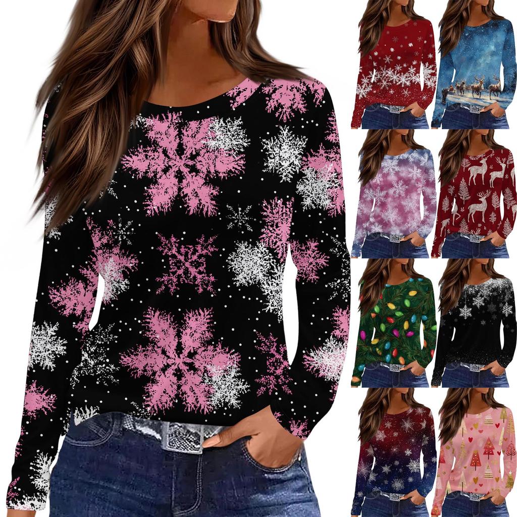 Women's Fashion Casual Slit Hem Round Neck Long Sleeve Loose Christmas Printed T-Shirt Ladies Top