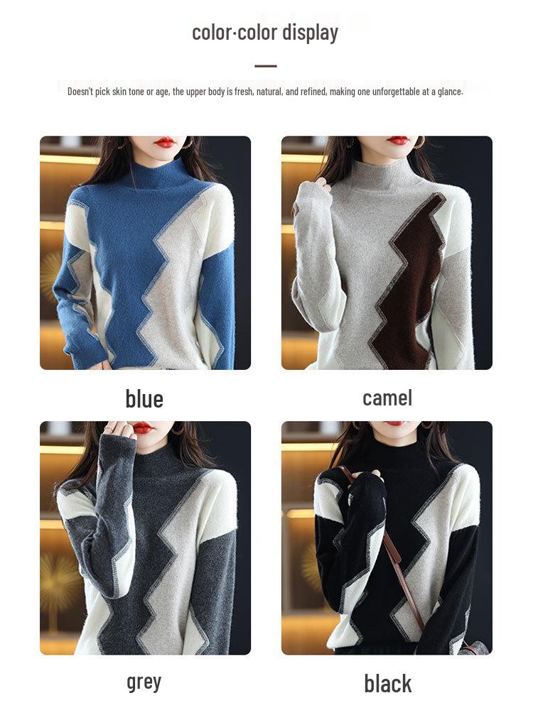 Женский джемпер с интарсией Color Block, 100% чистая шерсть, с длинным рукавом, полувысоким воротником, свободного кроя, с кашемировой вязкой, идеально подходит для осени/зимы.