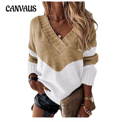 Осенне-зимний женский пуловер больших размеров с V-образным вырезом, свободный свитер в стиле пэчворк, вязаный свитер с цветовым сочетанием