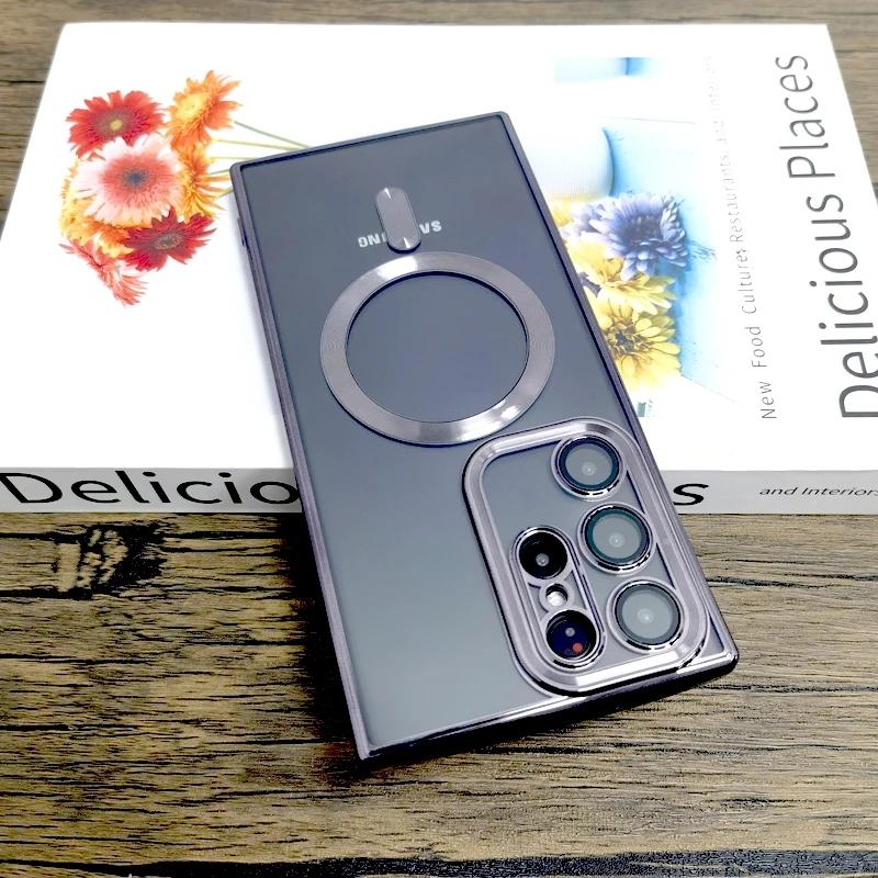 Plating Transparent For Magsafe Case For Samsung Galaxy S25 S24 S23 S22 S21 Ultra Plus S 25 24 23Ultra Mag Safe Glass Lens Cover