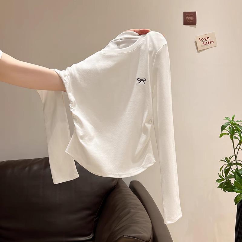 Женский топ с круглым вырезом, вышивкой бантом, длинными рукавами и плиссировкой, ранняя осень