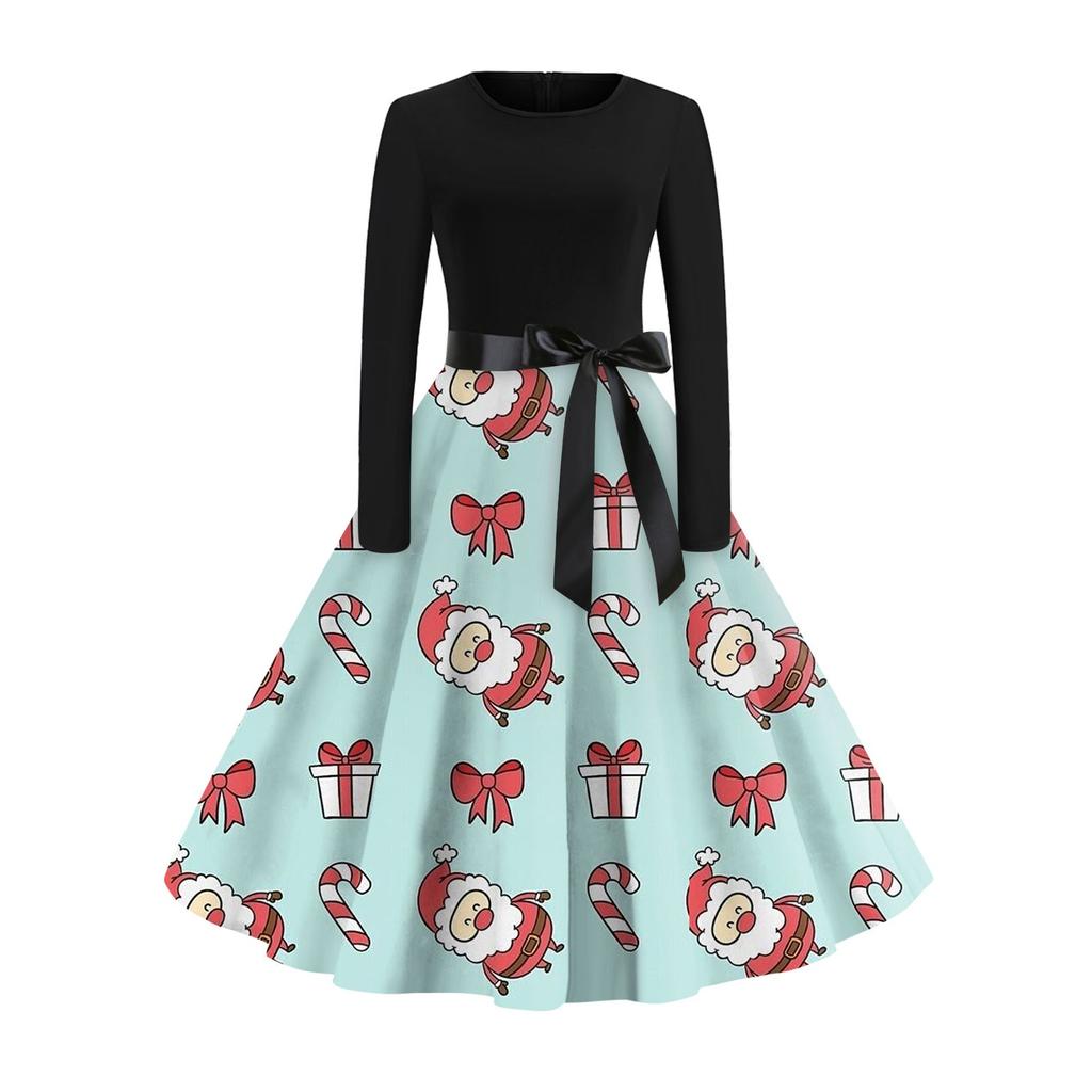Рождественский принт расклешенное платье для женщин платье с длинным рукавом полые вечерние повседневные платья