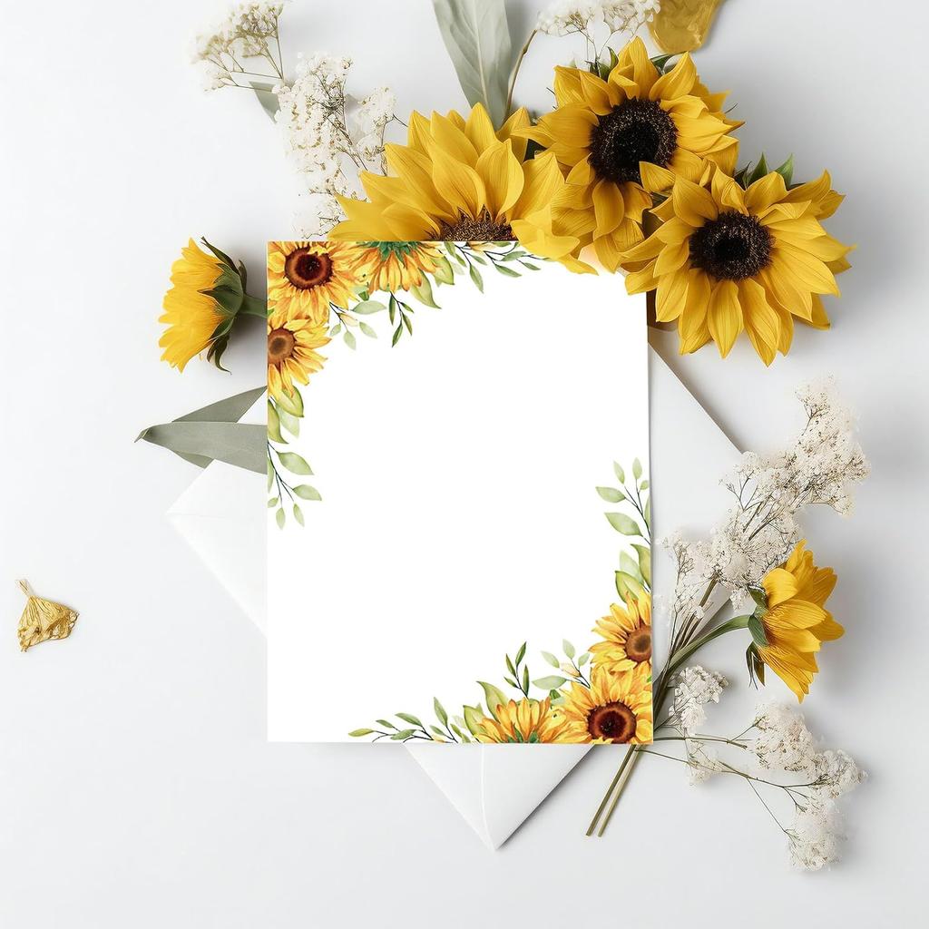 AnyDesign 48 Sheet Sunflower Border Stationery Writing Paper Watercolor Sunflower Letterhead Paper Floral Border Greeting Paper for Wedding Party