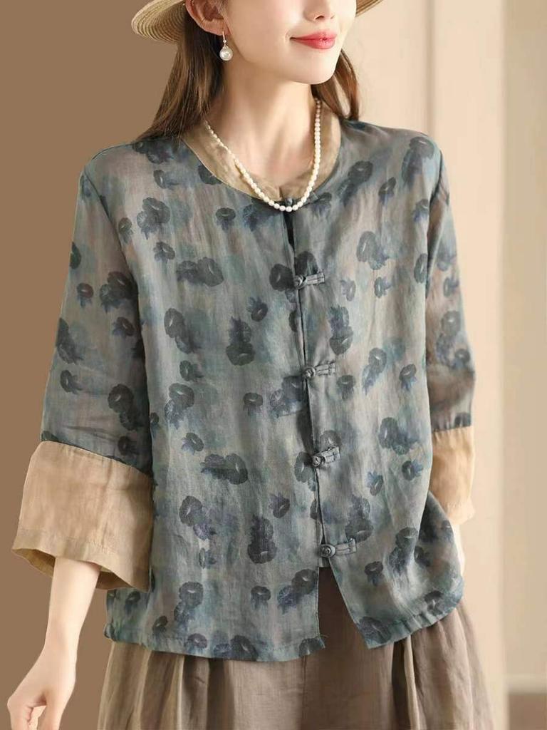 Johnature Women Chinese Style Print Floral Shirts Button Seven Sleeve Tops Summer Stand Vintage Women Blouses