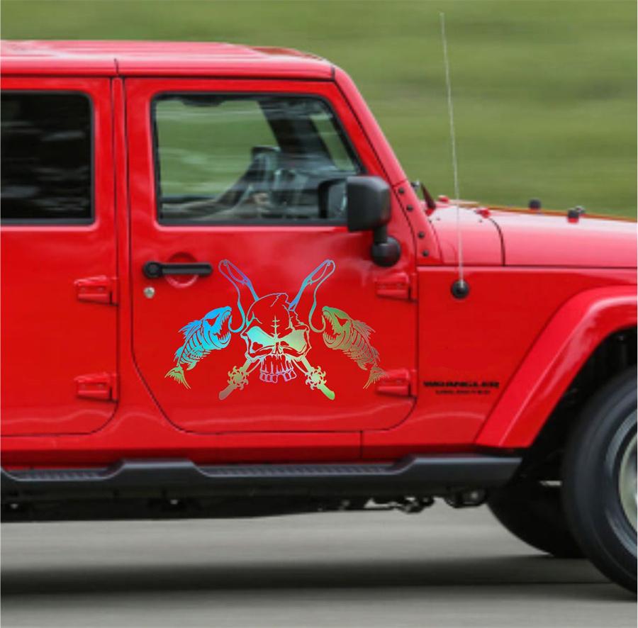 Fishing Skull Skeleton Fish Rod Hook Car Boat Sticker Vinyl Decal Sticker Laser Colorful
