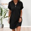 Летнее женское платье с V-образным вырезом и пуговицами с короткими рукавами Свободный однотонный пуловер Повседневная повседневная одежда Мини-платье для свиданий