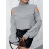 Large Size High Neck Cold Shoulder Jacquard Sweater, Women's Casual Light Stretch Knit Sweater