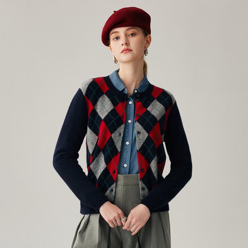 Кардиган женский кашемировый аргайл с круглым вырезом Чжаоцзюнь