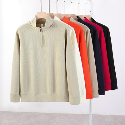 Осенний вафельный свитер с воротником-стойкой и застежкой-молнией на половину длины для мужчин и женщин, повседневная модная одежда для пар с длинными рукавами, уличный модный бренд унисекс, воздухопроницаемость