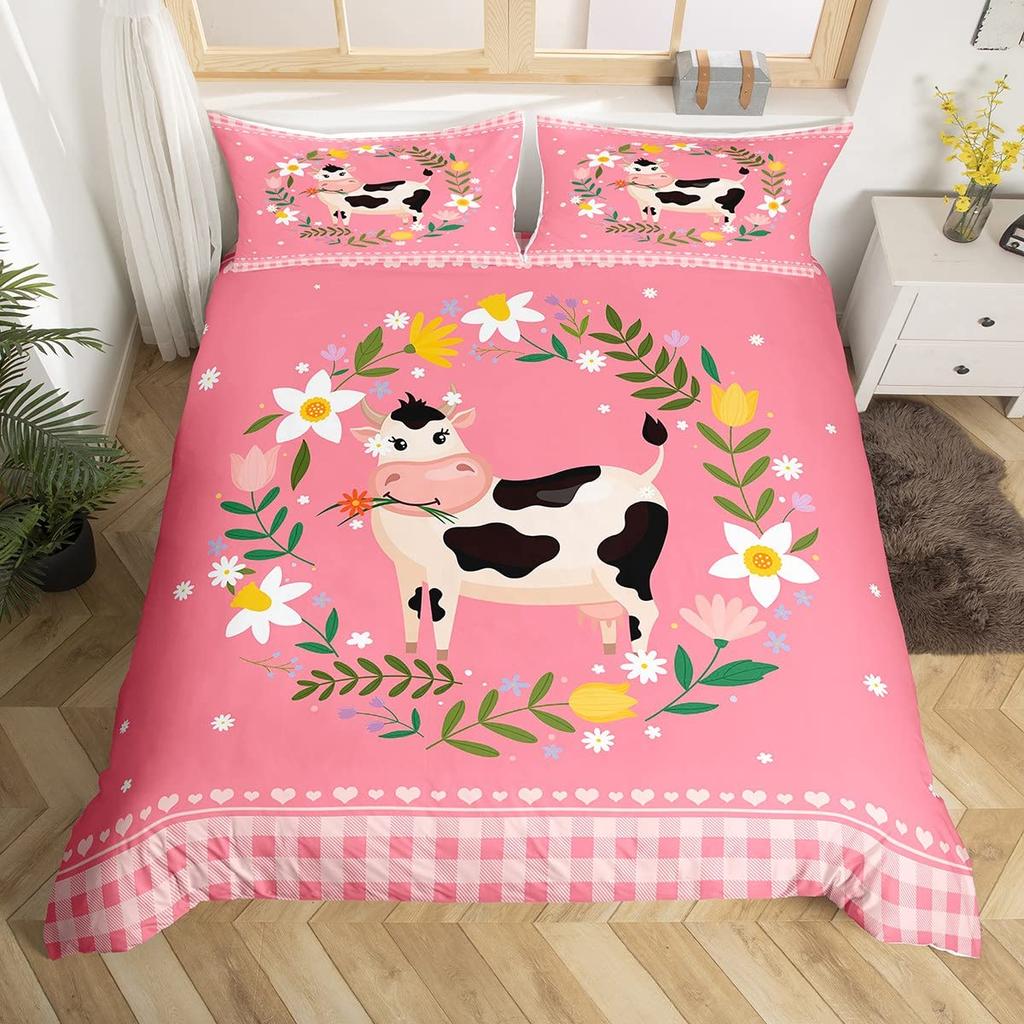 Comforter Kawaii Rabbit Cartoon Animal Bedding Set Geometry Grid Checkered Comforter Colorful Flowers Butterfly Bed Set