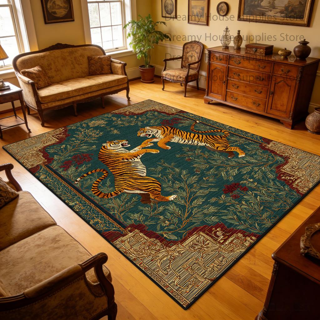 American Retro Tiger Pattern Living Room Carpet Decoration Lounge Washable Large Area Rugs Bedroom Bedside Pile Fabric Floor Mat