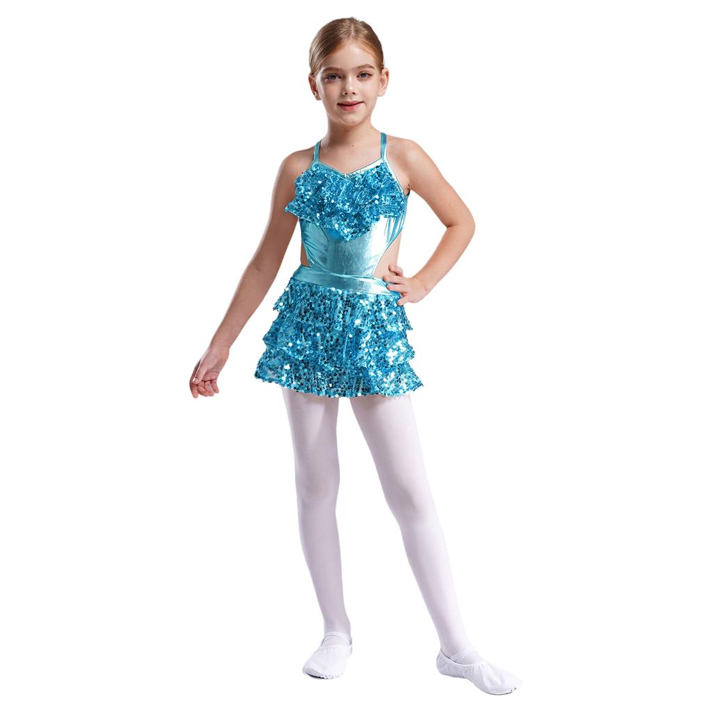 Girls Tiered Ruffle Sequins Dance Dress V Neck Sleeveless Cutout Metallic Design Stage Performance Gown