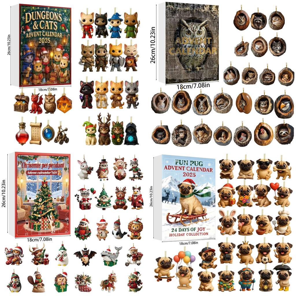 Christmas Pug Cat Horse Corgi Series Acrylic Advent Calendar With 24 Animal Figurines For Festive Decor