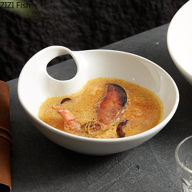 Креативная белая салатница, японская миска для лагманской лапши, бытовая тарелка для закусок и фруктов, скандинавская кухня, керамическая посуда