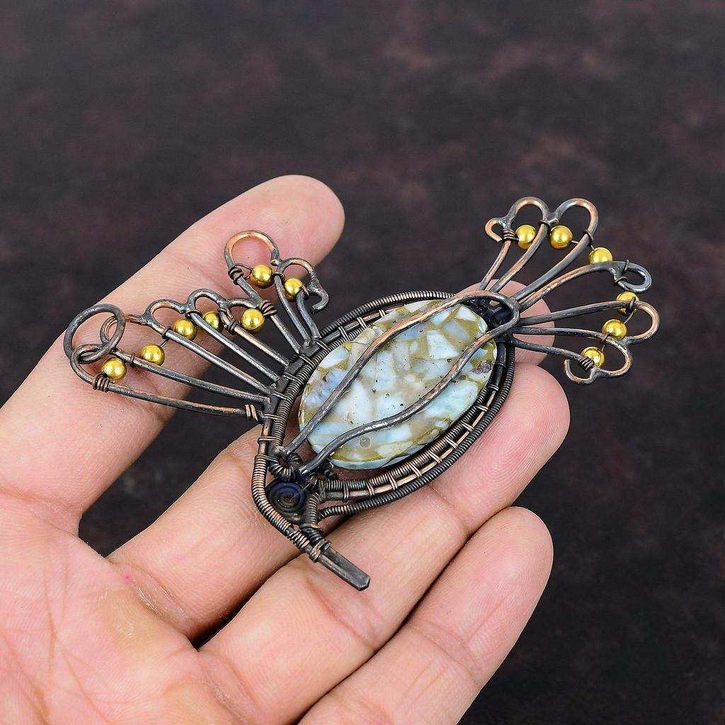 Медный кулон-ларимар, обернутый медной проволокой, кулон с драгоценным камнем. Изысканные медные украшения, кулон-птица. Кулон ручной работы. Ларимар. Ювелирный подарок для нее.