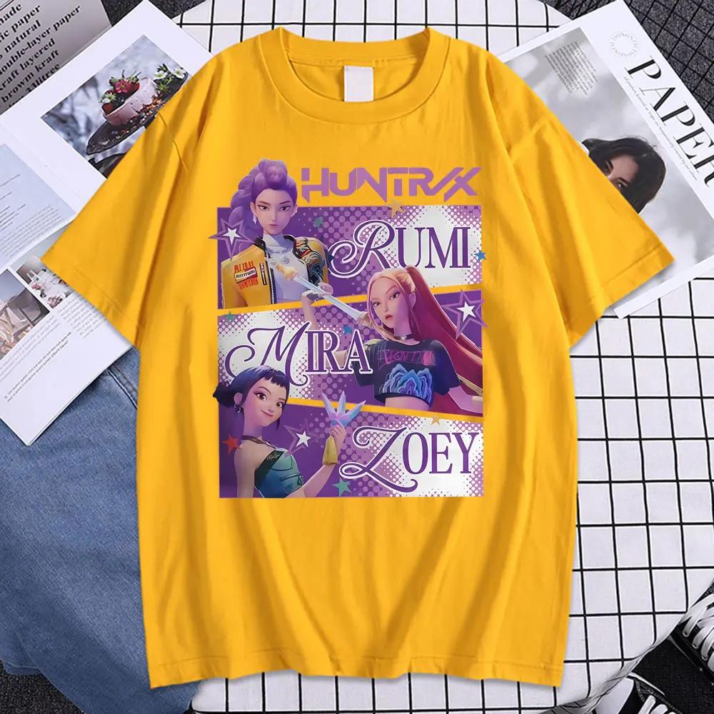 Модная K-pop футболка Охотники на демонов Huntrix Girl Rumi Zoey Mira Графическая футболка Мужская Женская 100% Хлопок Корейская уличная одежда Топ