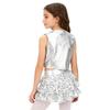 Complete 70s Disco Costume Set for Kids Girls: Shiny Metallic Top with Chest Tassels & Tiered Ruffle Shorts, 2-Piece Outfit