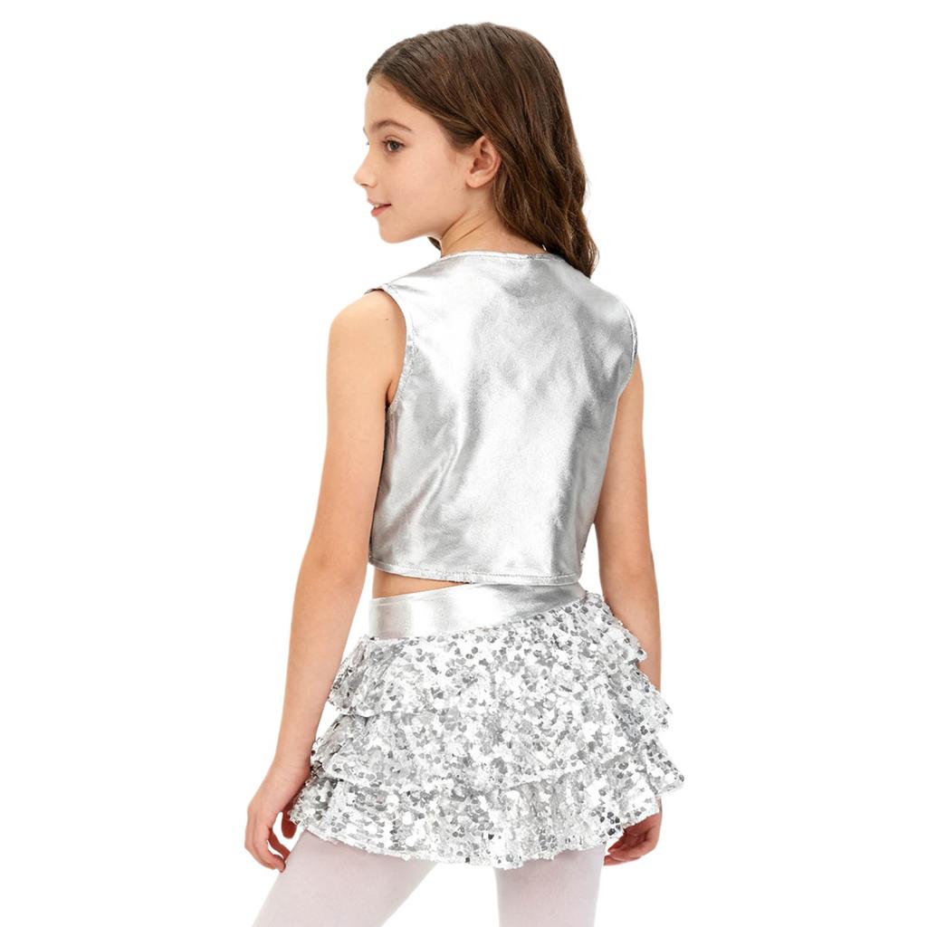 Complete 70s Disco Costume Set for Kids Girls: Shiny Metallic Top with Chest Tassels & Tiered Ruffle Shorts, 2-Piece Outfit