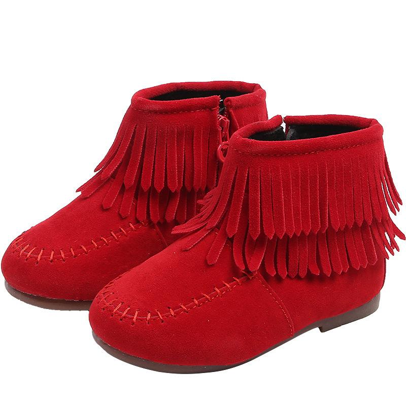 Winter Girls Fringes Ankle Boots Flock Warm Rubber Boots Toddler Kids Cotton Padded Tassels Boots Red Pink Black Color