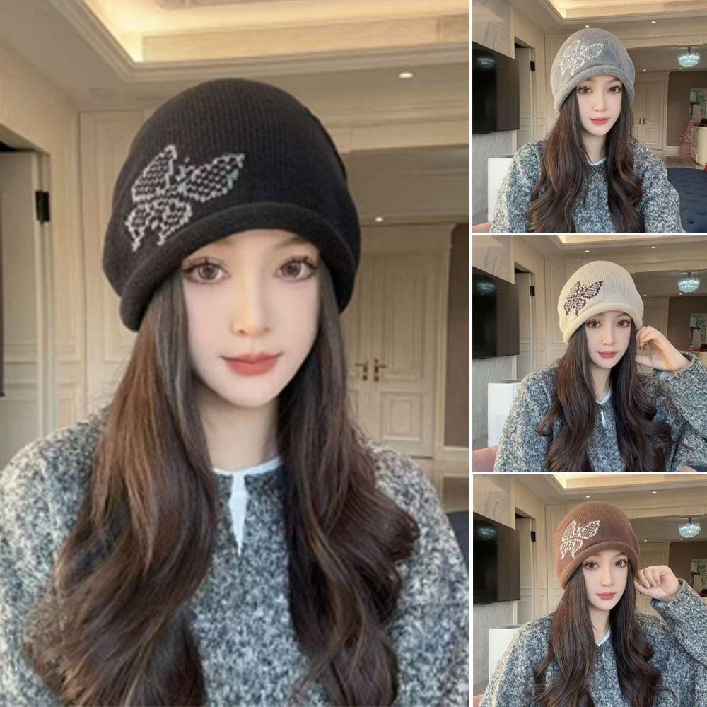 Butterfly Pattern Drawstring Beanie Cap Windproof Ear Protection Hat Knitted Woolen Hat for Women