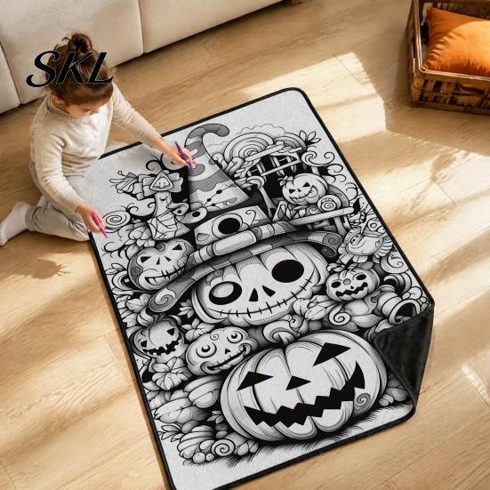 Creative Activity Kits for Relaxation Halloween DIY Coloring Blanket with 24 Markers, Color Your Own Throw Customizable Bedding Decor Blanket,