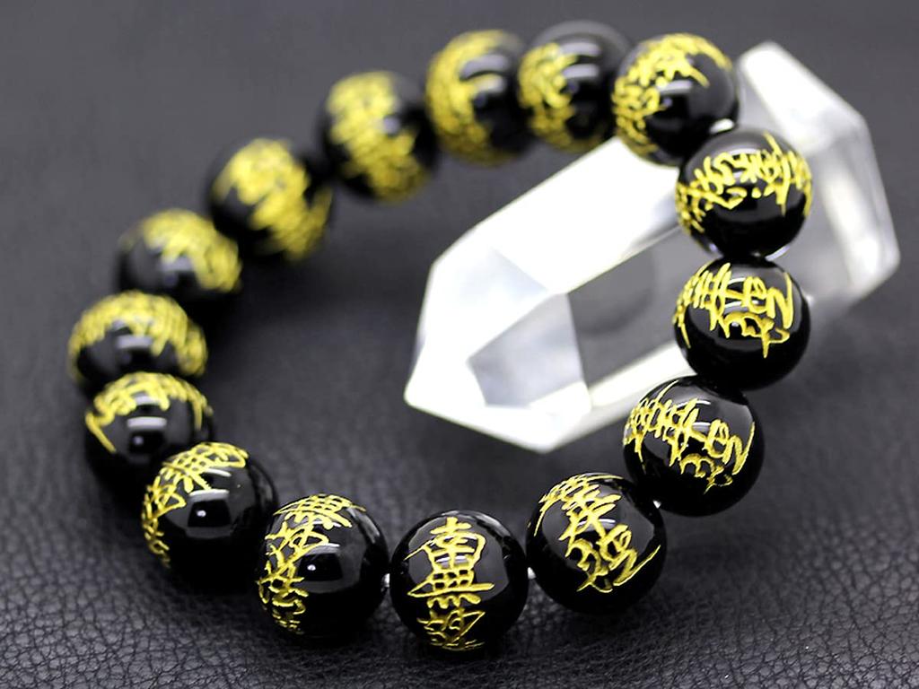 Оникс 14 мм Золотой Резной Браслет из Буддийских Молитвенных Бусин Камень Силы Натуральный Камень [Сэкки] Нам-мёхо-рэнгэ-кё [b193_1]
