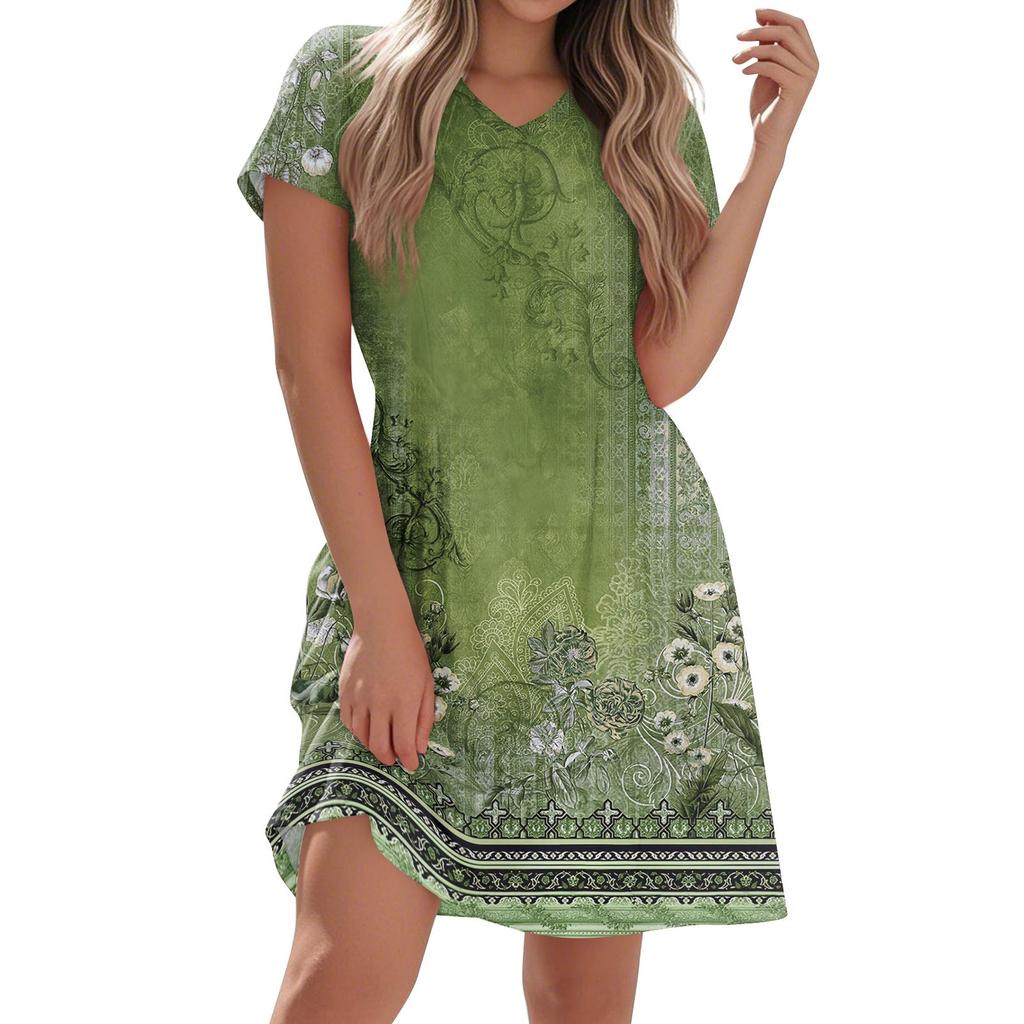 Женское модное повседневное платье с короткими рукавами и V-образным вырезом в винтажном цветочном стиле для домашнего отпуска