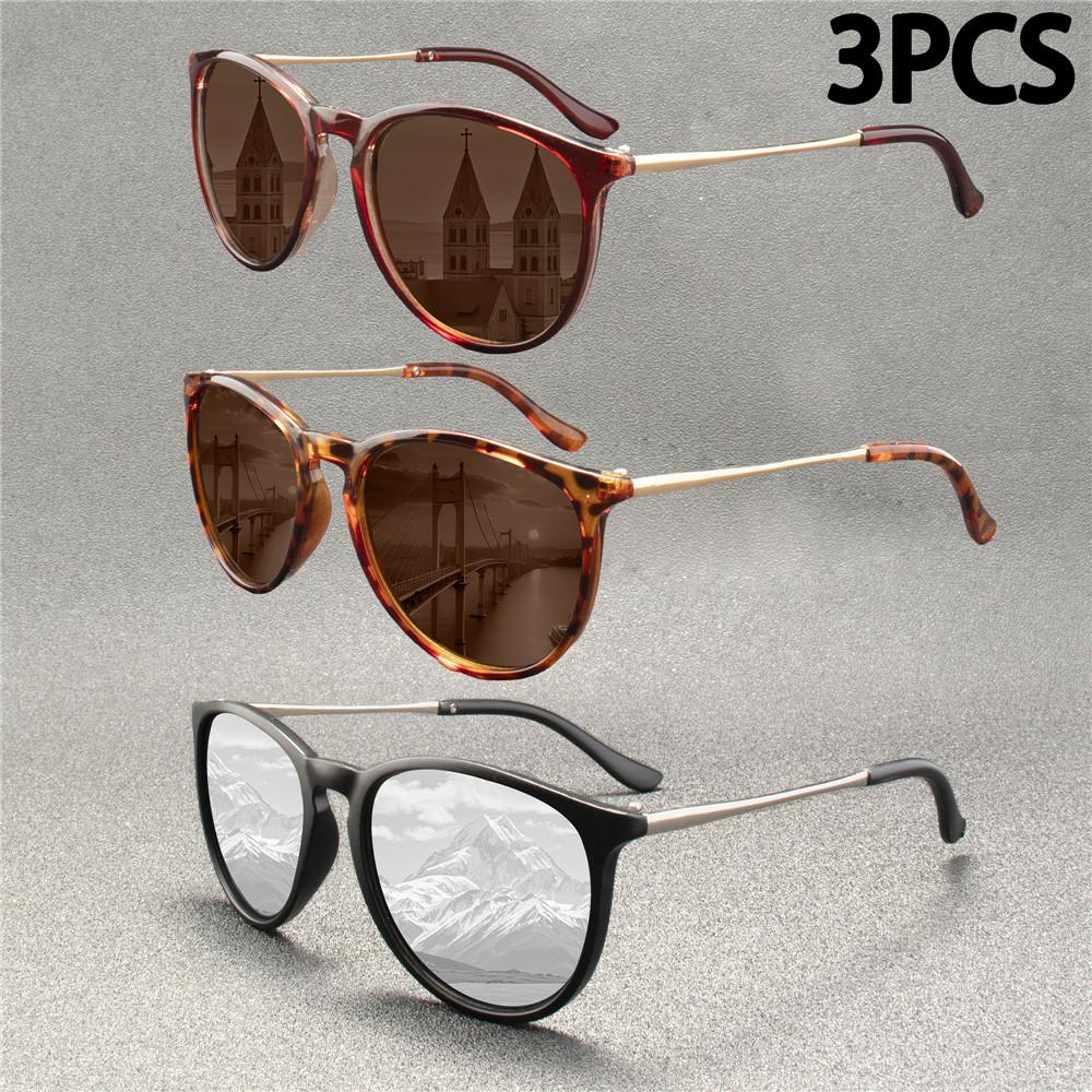 3PCS  Retro Male Round Sunglasses Women Men Brand Designer Cat Eye Sun Glasses Alloy Mirror
