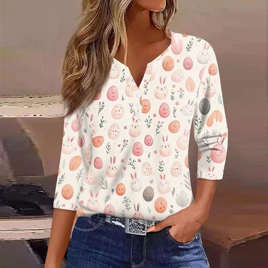 Жен. Футболка С принтом Пуговицы Рукав 3/4 Повседневные Выходные Мода Классический Классический V-образный вырез Обычный Верх