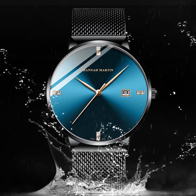 Hannah Martin Мужские кварцевые часы, роскошный браслет, мужские часы, лучший бренд, модные кварцевые часы с бриллиантами, стальные 30 м, водонепроницаемые наручные часы