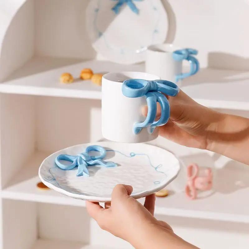 Симпатичная тарелка с 3D-бантом и кофейная кружка, расписанная вручную, керамическая тарелка, украшение для гостиной, спальни, обеденного стола, тарелка для фруктового салата