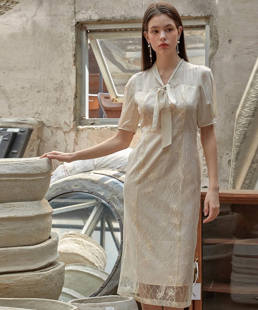 Julie And Kara 24Ss Collar 91 Secret Garden Ivy Ribbon Tie Lace Dress Beige