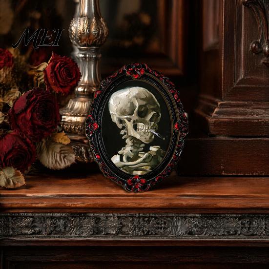 Small Halloween Gifts for Adults Wooden Refrigerator Magnet, Vintage Gothic Fridge Magnets, Oval Frame Decorative Distressed Black Red Magnets